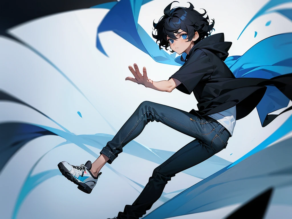 1 boy, juvenile,About ,handsome boy, black hair, curly hair,korean hair, blue eyes,face is in front,whole body,He is wearing a black hoodie over a white T-shirt,The lower body is wearing black skinny jeans,For shoes, I wear high-cut sneakers