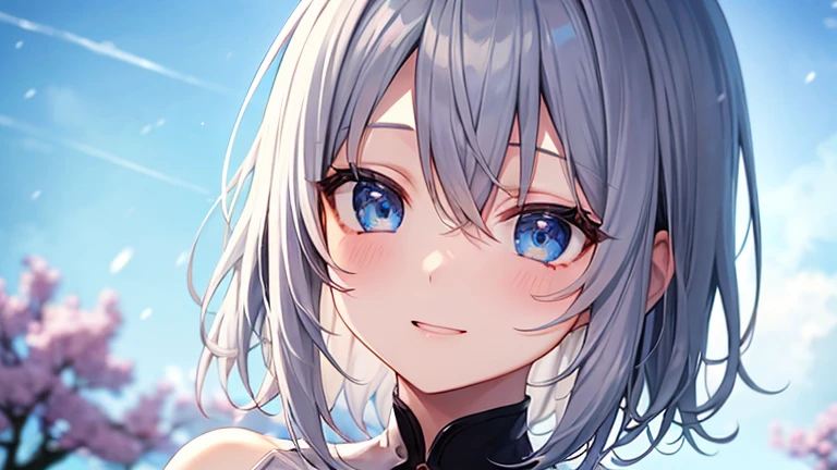 super high quality, with a girl, 20-year-old, very short hair, long bangs between the eyes, pale blue eyes , blue sky, sunlight, very detailed,(masterpiece、highest quality)、alone、gray hair、laughter、White skin as clear as snow、fantasy, silver hair, black eye, beautiful eyes,, ecstasy, charm, be smitten with audience, fantasyな風景、cherry blossoms falling