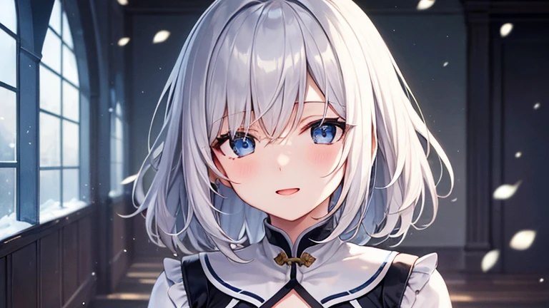super high quality, with a girl, 20-year-old, very short hair, long bangs between the eyes, pale blue eyes , blue sky, sunlight, very detailed,(masterpiece、highest quality)、alone、gray hair、laughter、White skin as clear as snow、fantasy, silver hair, black eye, beautiful eyes,, ecstasy, charm, be smitten with audience, fantasyな風景、cherry blossoms falling