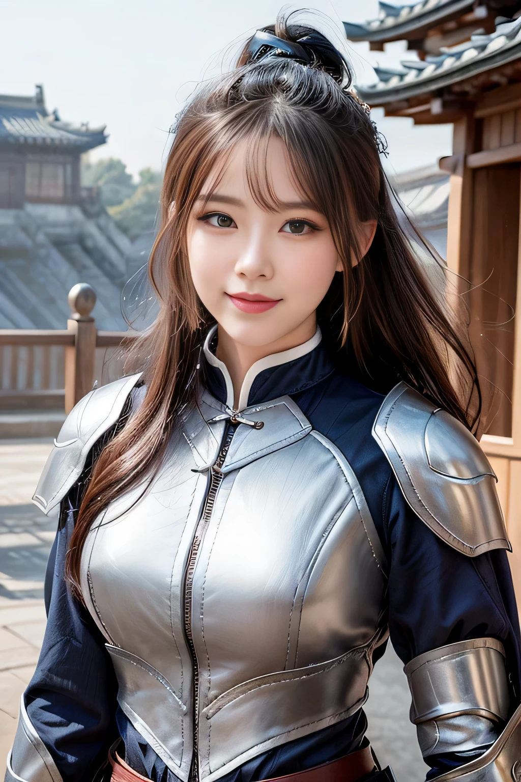 Chinese female general Hua Mulan，reddish brown leather armor，Silver metal shoulder pads，Silver metal breastplate，battlefield background，majestic，Smile（open mouth）（The corners of the mouth are raised），Half body photo，There is no shadow on the face，Bundle hair，Hair bun raised high。outdoor background