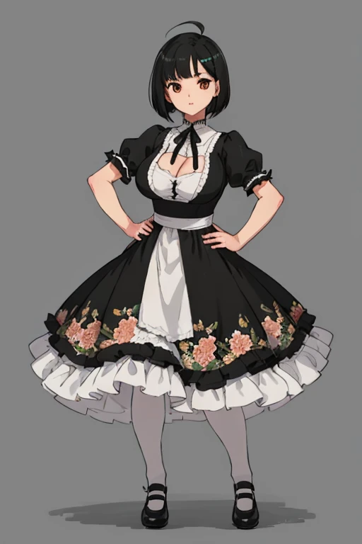 1 girl, ((masterpiece, side light, beautiful eyes: 1.2), Super detailed, ultra high resolution, professional lighting, high quality make up, beautiful detailed eyes), (highest quality:0.8), perfect anime illustrinion, beautiful, flin color background, simple background, whole body , looking for_in_viewer, 一人in, (whole body:1.5), (black hair:1.3), dark brown eyes, (big breasts:1.2), 一人in,Wasachiri, Huasachina, sash, puffy dress, dress, Puffy short sleeves, pantyhose, black shoes, Floral, print dress, put your hands on your hips, handkerchief,tof, (asymmetric bob cut:1.1),(low length:1.1),(Chubby:1.2),(おinこ:1.2),(boobs for days:1.2),(huge boobs:1.2),(short legs)