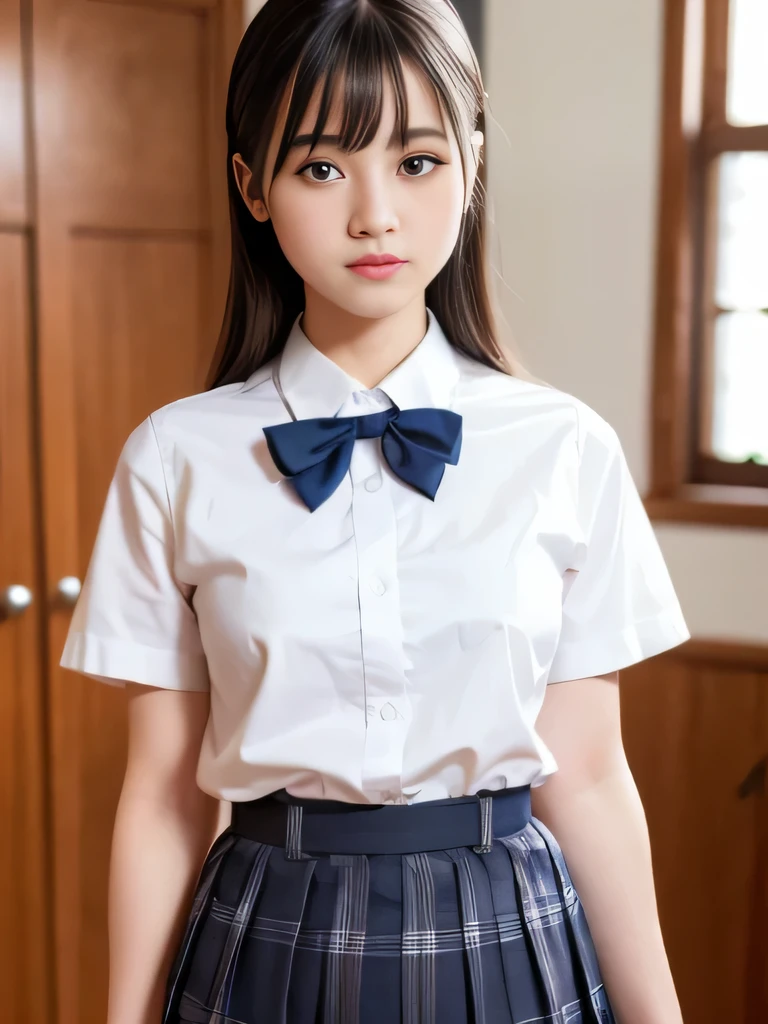 Top Quality, Photorealistic, 8K, High Definition, One Girl, Women,(Skindentation),, (Professional Lighting, Bokeh), (People, Crowd:0.6), Uniform, White Shirt Short Sleeve, Dark Blue Pleated Mini Skirt, Ribbon, (Portate:0.8),Bloom,(Light particles, Lens flare, Light particles:0.6), Soft lighting, (Dynamic Pose), White Panties, On the bed