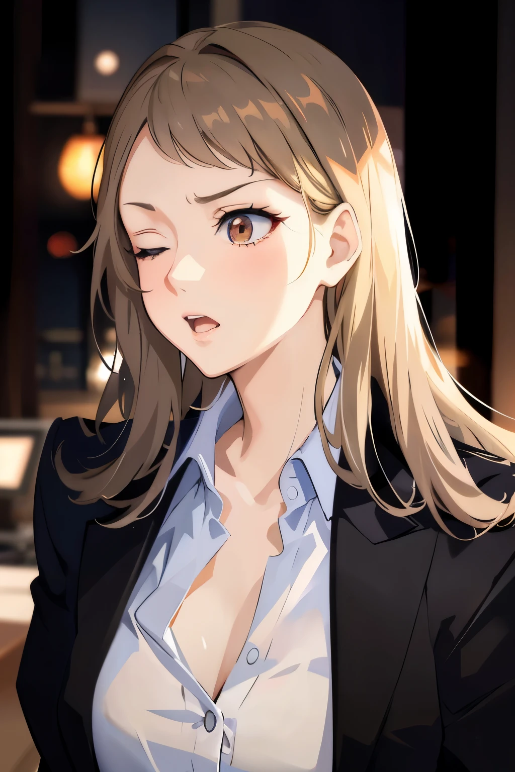 Beautiful anime girl, really angry, blonde hair, brown eyes, slim body,