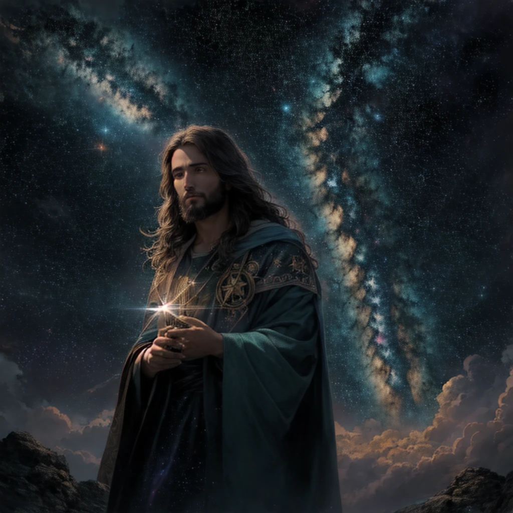 Jesus holding a bright star in his hand in the sky, Concepto Arte de Dios, jesus christ in mass effect, cyberpunk jesus christ, Joven Dios Todopoderoso, jesus christ, por Justin Gerard, santos rayos de luz sagrados, rayos de dios resplandecientes, Arte digital 4k muy detallado, por Alexander Kucharsky, in the landscape of cosmic clouds, Beeple and Jeremiah Ketner