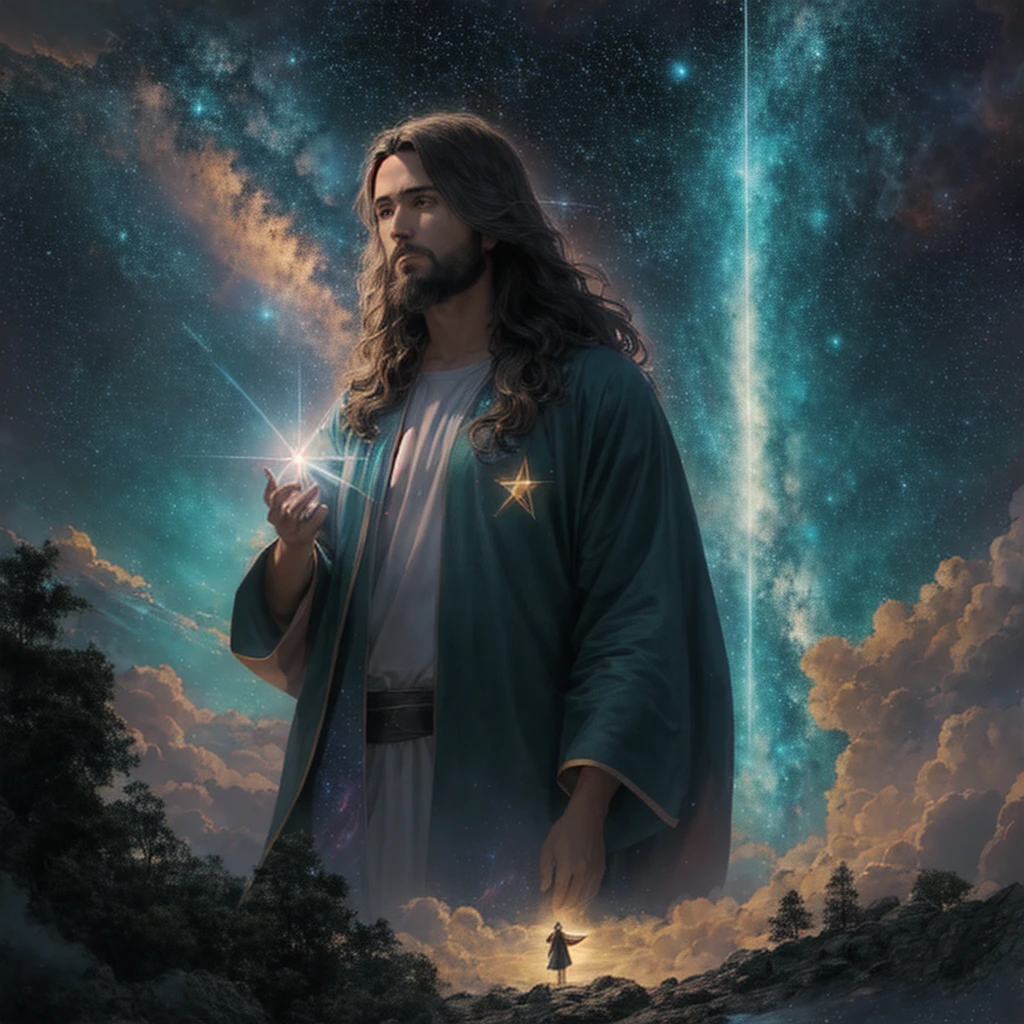 Jesus holding a bright star in his hand in the sky, Concepto Arte de Dios, jesus christ in mass effect, cyberpunk jesus christ, Joven Dios Todopoderoso, jesus christ, por Justin Gerard, santos rayos de luz sagrados, rayos de dios resplandecientes, Arte digital 4k muy detallado, por Alexander Kucharsky, in the landscape of cosmic clouds, Beeple and Jeremiah Ketner