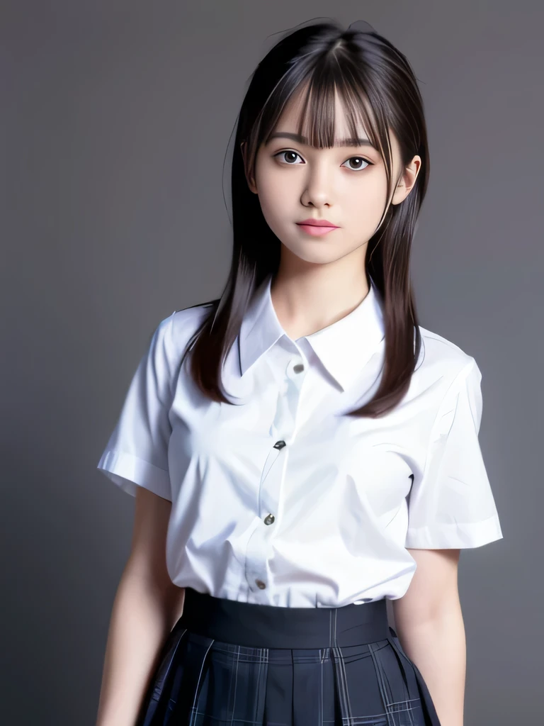 1 nogizaka girl, utterly cute, bishojo, 17yo, (white school uniform short sleeves), blue plaid pleated skirt, an exquisitely detailed and beautiful face and eyes and skin, detailed black shine hair, small-medium breasts, smile at the camera, professional lighting, BREAK, (realistic, photo-realistic:1.37), 8k, (masterpiece), (best quality:1.4), (ultra high res:1.2), (RAW photo:1.2), (ultra detailed beautiful cloth), perfect anatomy, 4fingers and 1thumbs, ultra detailed background, (unity 8k wallpaper), cute smile,