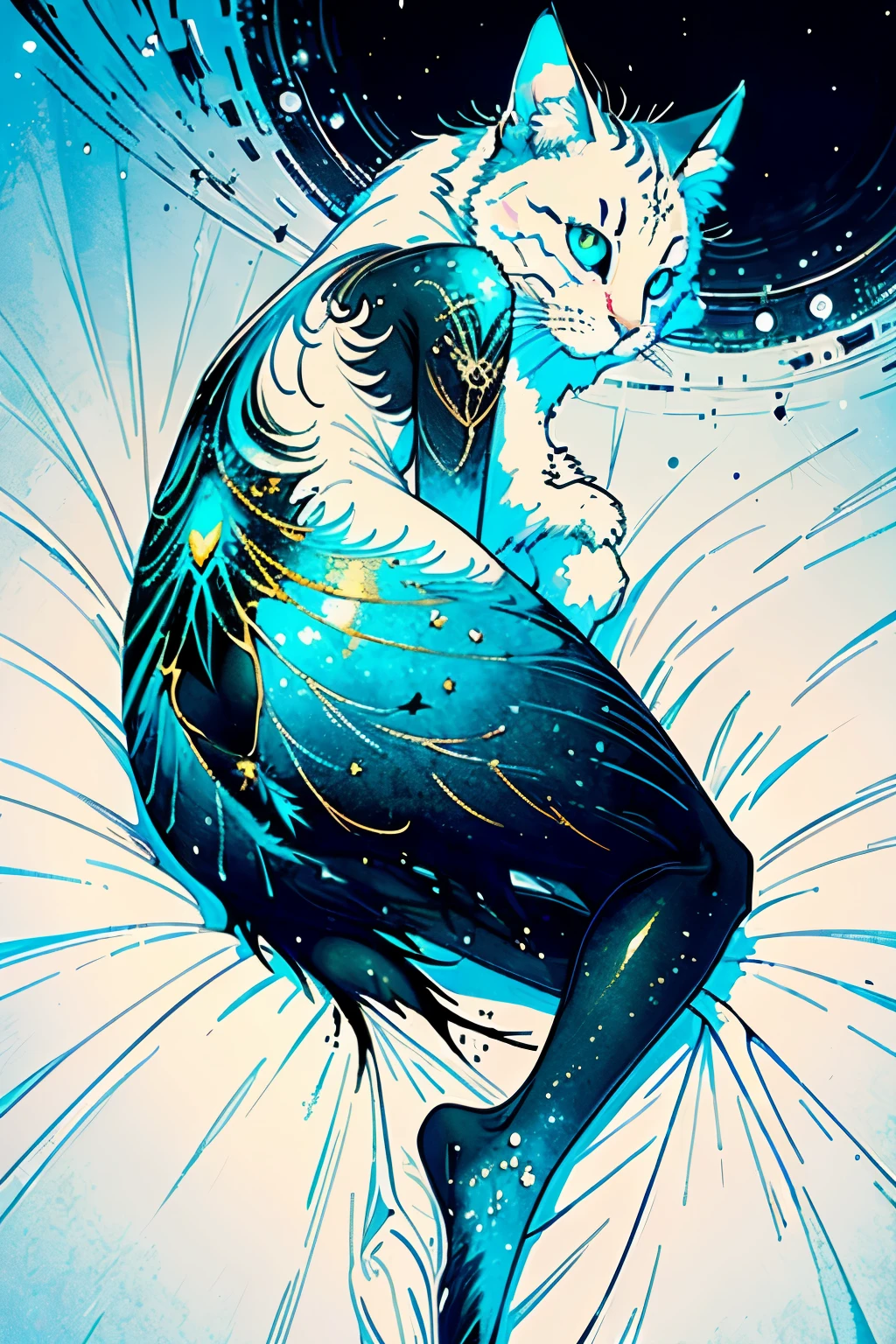 (top-quality, Masterpiece: 1.4) In a lofi styled room, with a nostalgic ambiance, there lies a perfectly captured moment of a serene cat peacefully slumbering on a disheveled bed. Every object within the room is intricately covered in ink, creating an ethereal effect as if everything is dissolving into a cosmic abyss. A unique blend of Christmas and Halloween elements coexist in harmony, giving rise to an enigmatic atmosphere that is both festive and mysterious. This surreal scene, adorned with glitchy torn pages, amalgamates various artistic styles such as silver gelatin photography, etching, manga, and the mesmerizing techniques of Carnegriffiths. Transporting us back to the mesmerizing world of