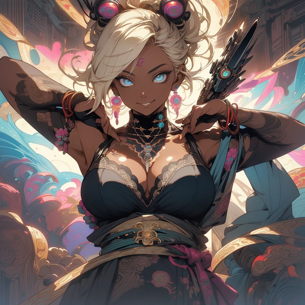 (((highest quality))),(((fine eyes))),(((32K))),(1 dark skinned girl),Fancy blonde,(tattoo),cyber punk,kimono,((luxurious and gorgeous)),shiny skin,earrings,Stylish costumes,((Super beautiful)),(perfect face),Japanese sword,ultimate texture,official art,Ukiyo-e,((stylish)),photograph,perfect body,smile,Bewitching,best image quality,super clear,genuine,fantasy,(Near the future),ninja,((perfect eyes)),big breasts,((Perfect cleavage)),highlight,挑発的なsmile,stick out tongue,Mechanical,mandala,Pouring rain,majestic,apotheosis,fractal art:(1.3),perfect lighting,colorful,((In underwear)),crow,