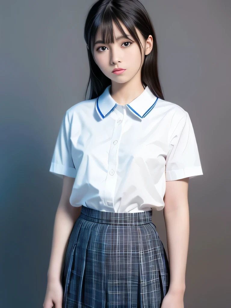 1 nogizaka girl, utterly cute, bishojo, yo, (white school uniform short sleeves), blue plaid pleated skirt, an exquisitely detailed and beautiful face and eyes and skin, detailed black shine hair, small-medium breasts, smile at the camera, professional lighting, BREAK, (realistic, photo-realistic:1.37), 8k, (masterpiece), (best quality:1.4), (ultra high res:1.2), (RAW photo:1.2), (ultra detailed beautiful cloth), perfect anatomy, 4fingers and 1thumbs, ultra detailed background, (unity 8k wallpaper)