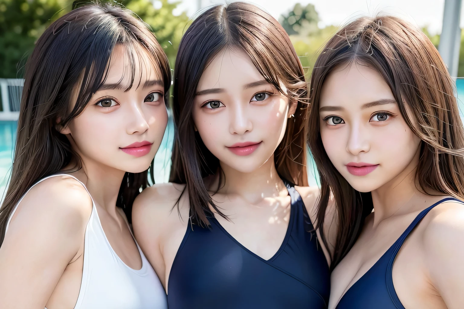 pieces fly, masterpiece、highest quality,  Super detailed,、High resolution, High resolution、,8K portrait, unity 8k wallpaper、Detailed CG、unity 8k wallpaper, Detailed CGユニティ8kの壁紙、realistic, real person,  portrait photography,shiny skin, Lots of girls（20-year-old :1.5）、High resolution、beautiful clear eyes、very detailed explanation、delicate face、nice lips、thin waist、thin legs、((3 girls:1.5))、stop temporarily、(small breasts:1.5)、(navy one piece swimsuit:1.2),school poolside、(toothy smile、smile:1.2)、full body figure:1.5