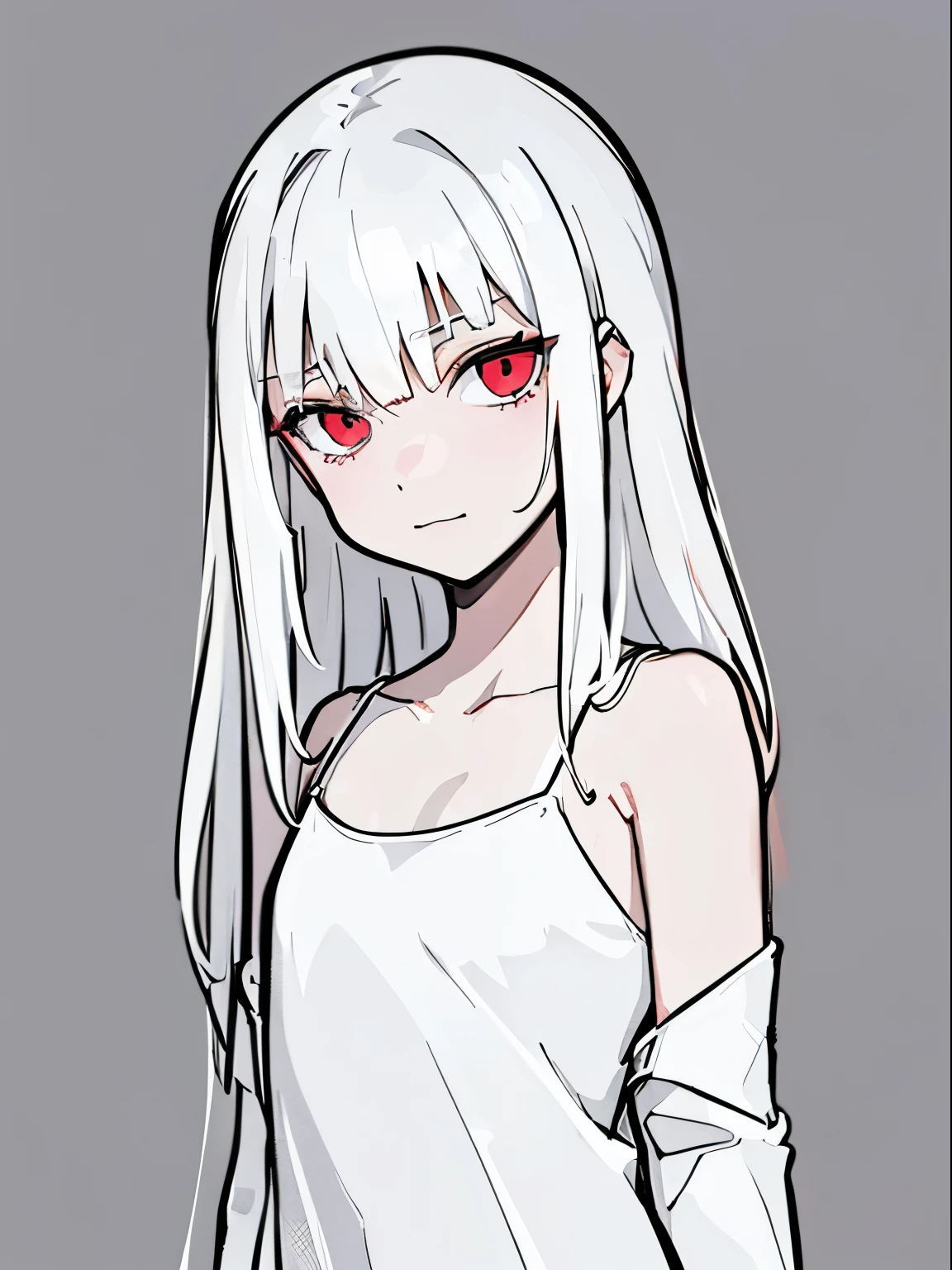 style of painting,(empty background),((Flat chest)),(Front Portrait), (Black and whature Women,((Microthorax)),(High cold),Hey, hey, smile,monochrome, blank stare, dead fish eyes, cool beauty,half lidded eyes, indifferent expression, black and white portrait, bored, impassive, loner,(Alone),Wispy bangs,Textured straight,Above the waist,((White Hair)),(Red Pupil),((White Dress)),Shirt,Wispy bangs