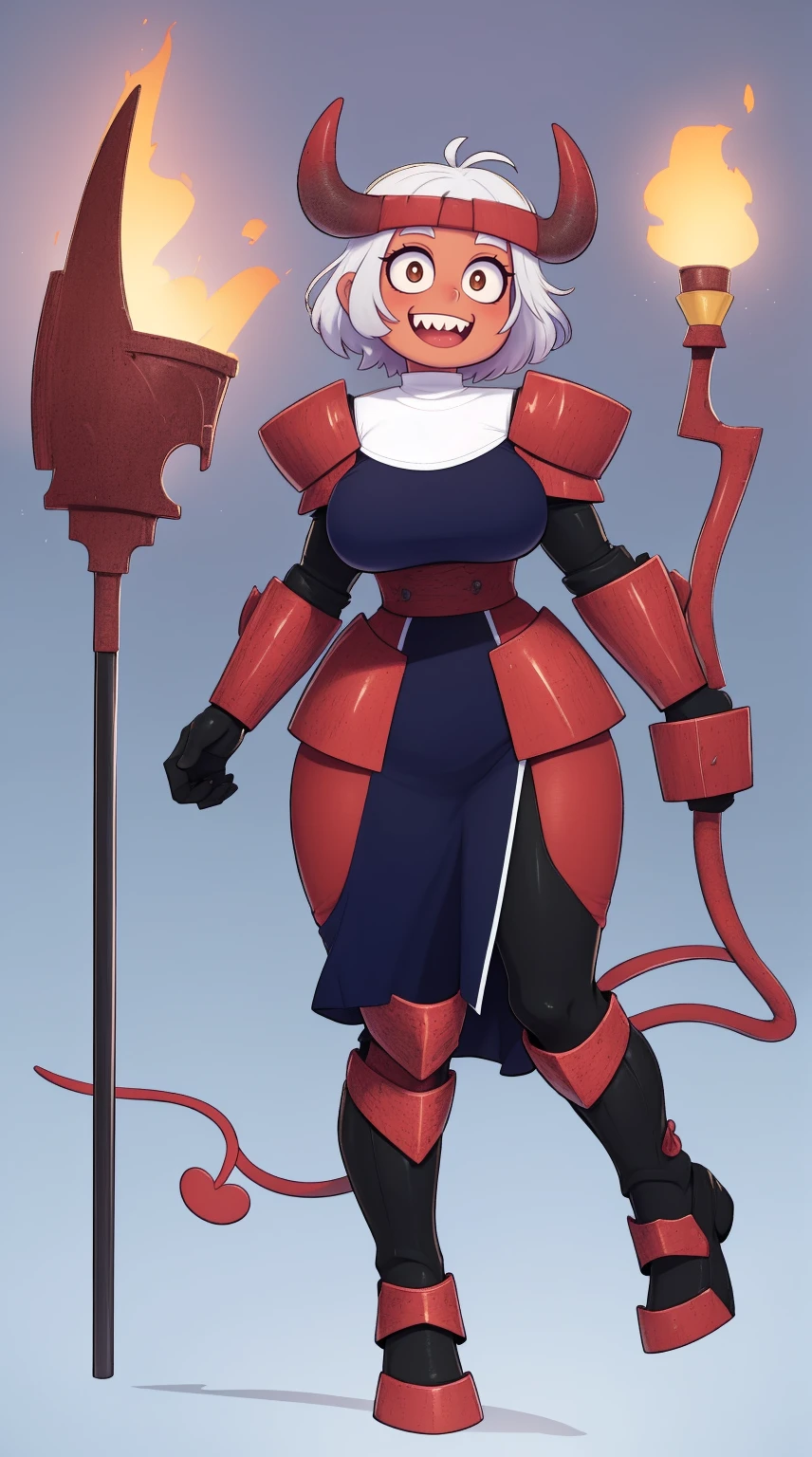 nun, demon girl, walking, , warpriesstes, silver hair, short hair, sacred gauntlets, long ski, cute smile, pure smile, love smile,,veillong skirt, pantyhose, staff holding, armor, gloves, standing, full body,sharpteeth,standing, full body, happy, joyfull