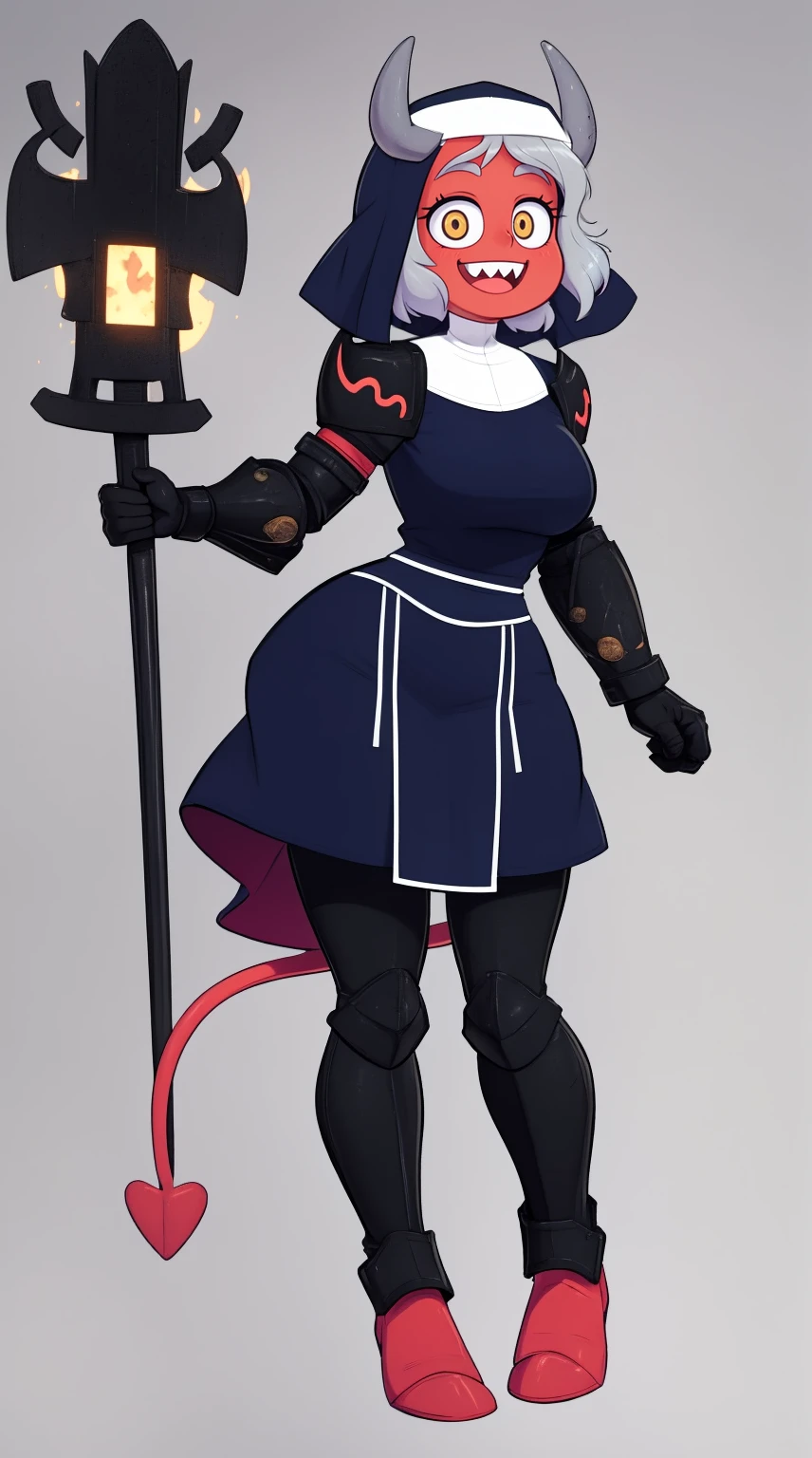 nun, demon girl, walking, , warpriesstes, silver hair, short hair, sacred gauntlets, long ski, cute smile, pure smile, love smile,,veillong skirt, pantyhose, staff holding, armor, gloves, standing, full body,sharpteeth,standing, full body, happy, joyfull