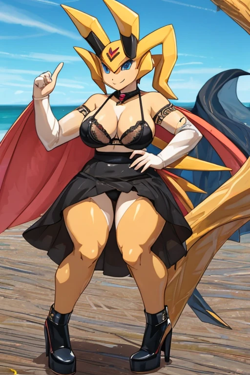 ((Giratina)), anthropomorphic, big boobs, big ass, pokemorph, (((1girl))), (((black bra))), (black long skirt), (black heels), cute and sexy, slender, grey skin, long legs, smiling