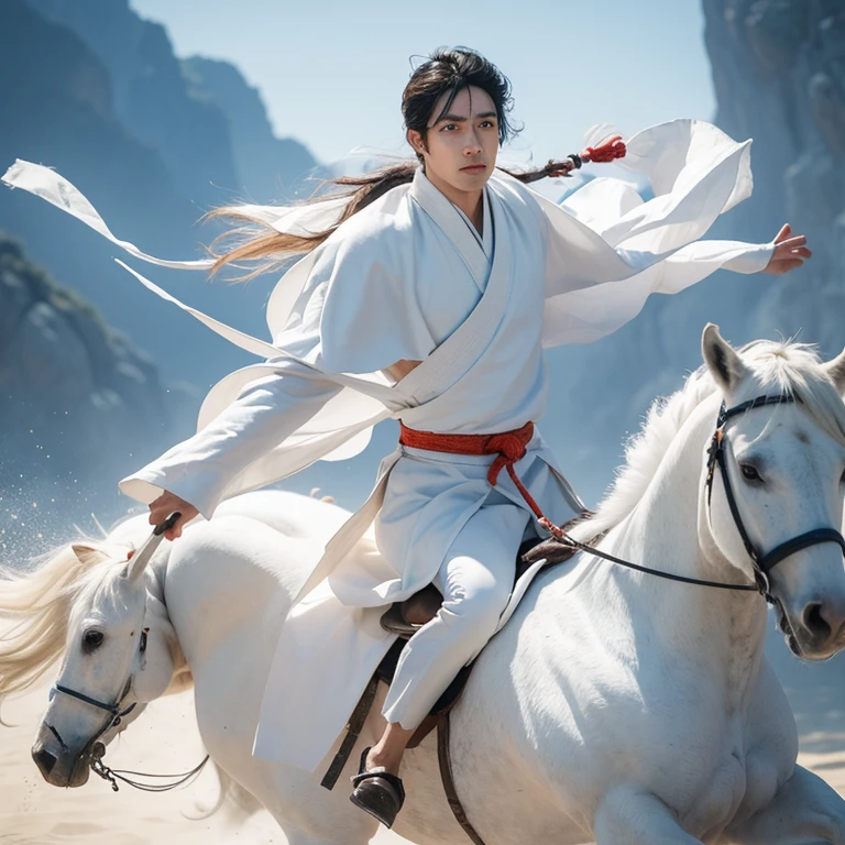 martial arts,Riding a white horse,The knight in white,Male 35 years old,Asian,Handsome,The face is like jade,Sword in hand,Flying sand and flying rocks,Ultra HD quality,Close-up of a person's face