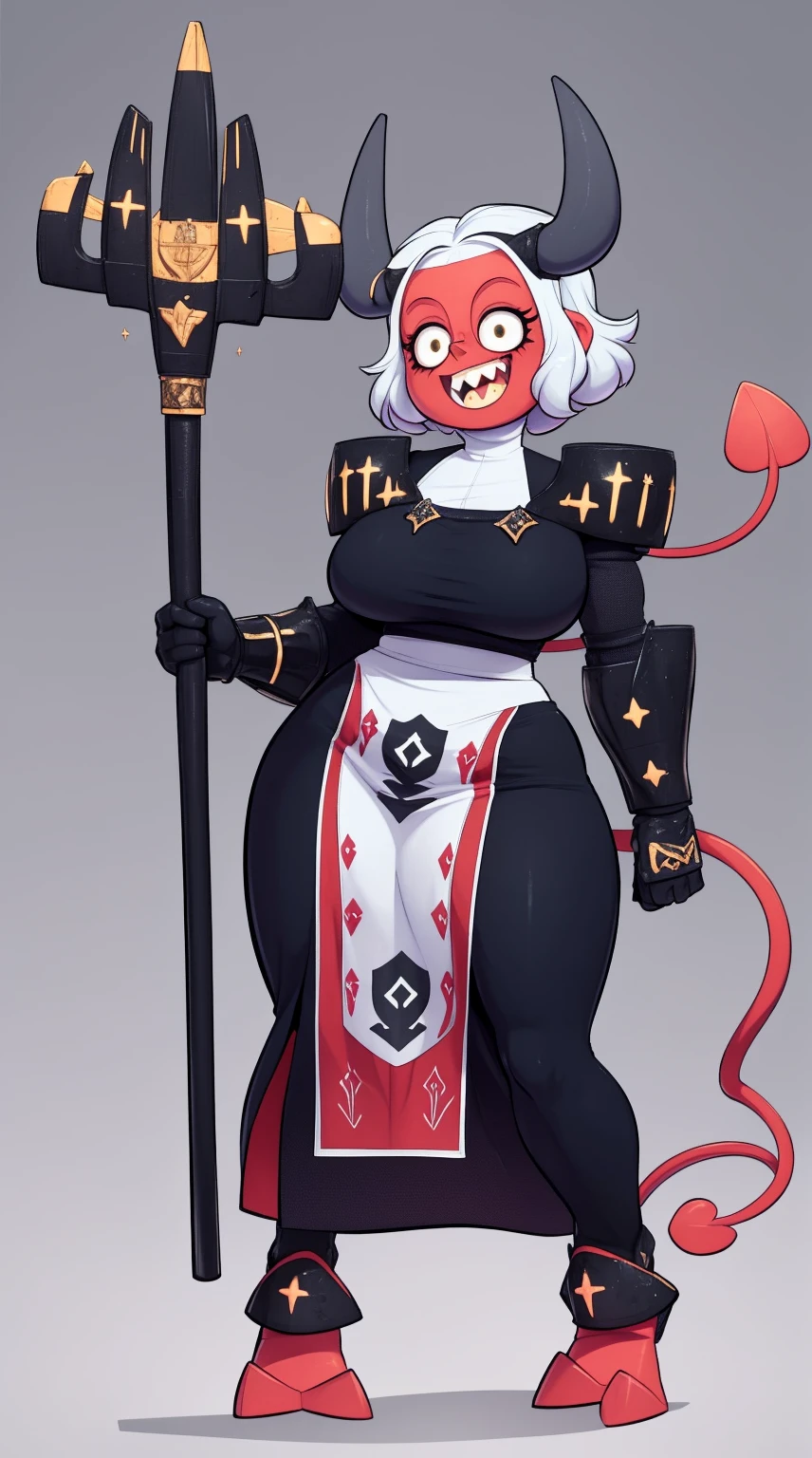 nun, demon girl, walking, , warpriesstes, silver hair, short hair, sacred gauntlets, long ski, cute smile, pure smile, love smile,,veillong skirt, pantyhose, staff holding, armor, gloves, standing, full body,sharpteeth,standing, full body, happy, joyfull
