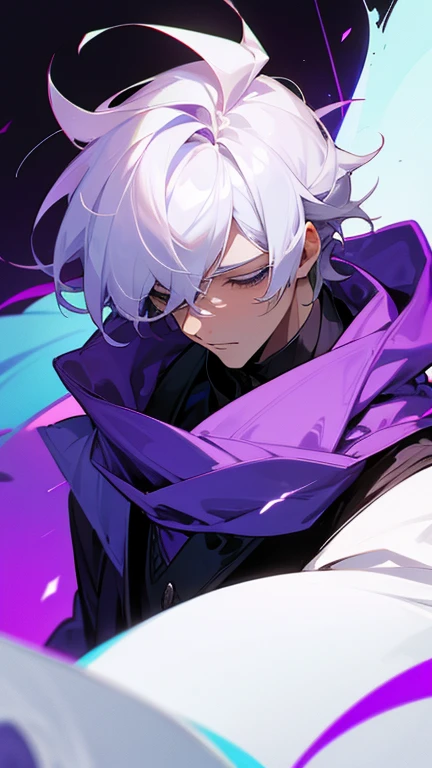 A handsome man with white hair and a cloth covering his eyes and wearing a purple cloth.