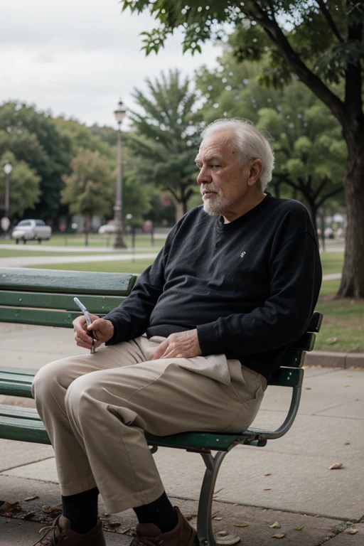 Create an animated illustration of an old man sitting on a park bench contemplating a better life