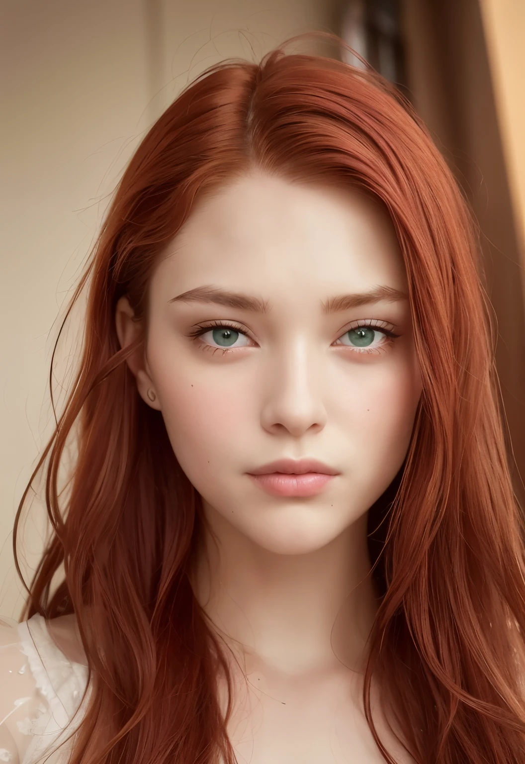 arafed woman with red hair and green eyes looking at the camera, Beautiful delicate facial features, soft portrait shot 8K, Beautiful young face, Young beautiful face, soft flawless pale skin, natural soft pale skin, a redheaded young woman, Incredibly beautiful face, Perfect face close-up, with red hair and green eyes, portrait of a beautiful model