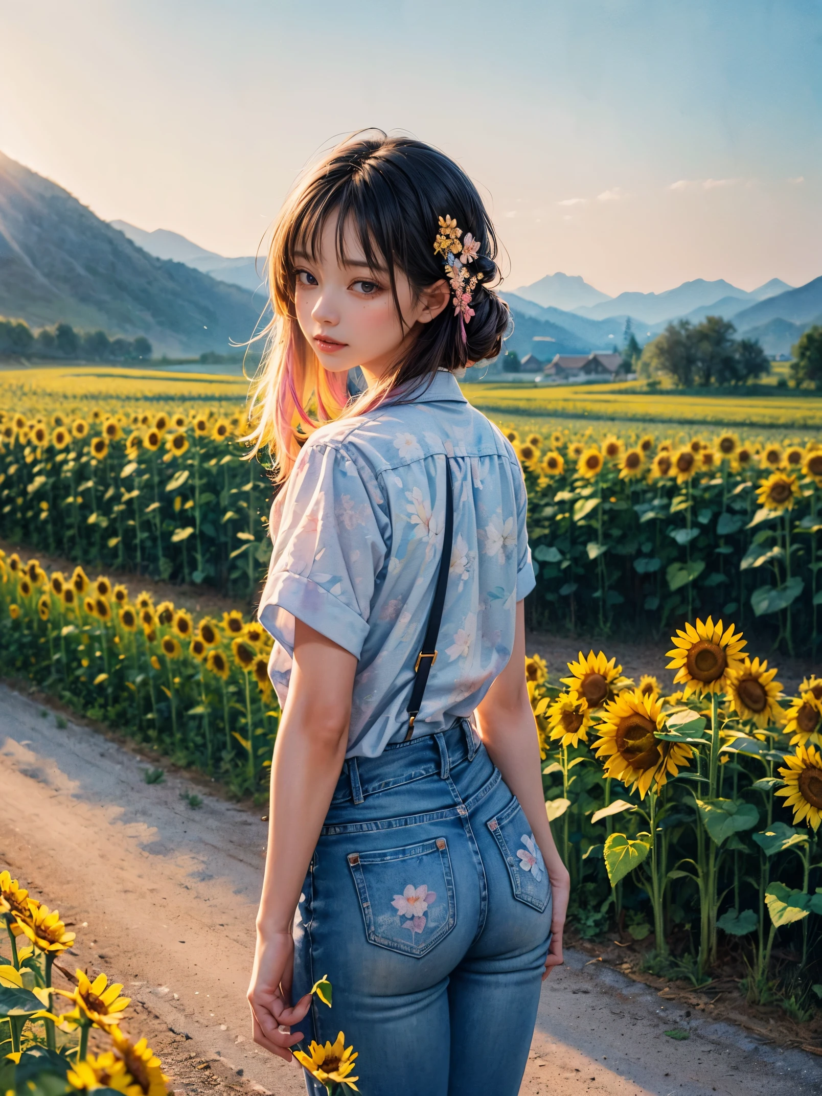 A beauty、sweet、Kind chinese village girl watercolor painting,Long black hair and warm brown skin,Wearing simple blue suspender jeans and a white plaid shirt,Very nice eyes and face,big watery eyes,long eyelashes,Beautiful teeth,Long legs,Perfect slender figure,Standing in a sunflower field at sunset,golden soft light,Beautiful village in the background,A river,A small bridge,mountains in the distance,(best picture quality,8k,high resolution,masterpiece:1.2),Super detailed,ultra high definition,Studio lighting,Super fine,Extremely detailed description,major,bright colors,Dutch Golden Age,pastel colors,Sunset lights,(floral watercolor painting:1.5),(Super high saturation, bright and vivid colors:1.5), (nsfw), (Look at the audience head-on:1.5)