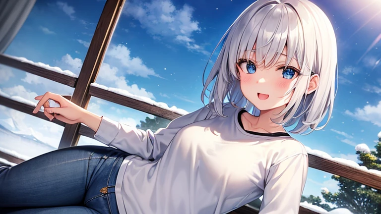 super high quality, with a girl, 20-year-old, very short hair, long bangs between the eyes, pale blue eyes , blue sky, sunlight, very detailed,(masterpiece、highest quality)、alone、gray hair、laughter、White skin as clear as snow、fantasy, silver hair, black eye, beautiful eyes,, ecstasy, charm, be smitten with audience, fantasyな風景、white shirt、jeans