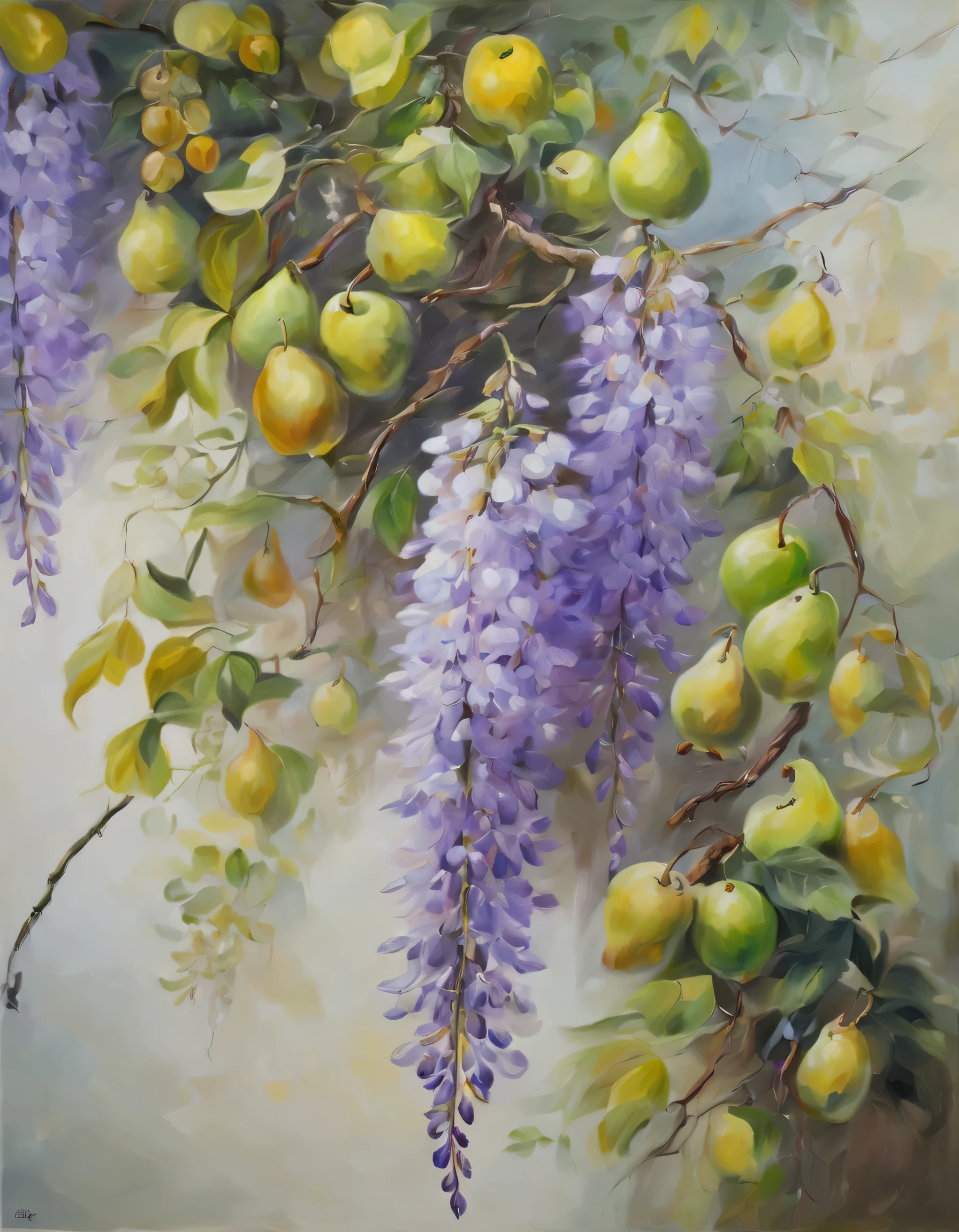The art of oil strokes, oil painting, oil painting на холсте, flowers and fruits, blooming wisteria and green pears, high detail, The work of the wizard