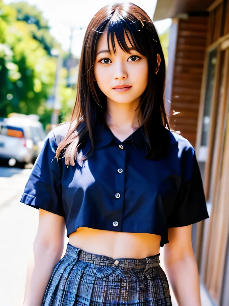 1 nogizaka girl, utterly cute, bishojo, 17yo, (white school uniform short sleeves), blue plaid pleated skirt, an exquisitely detailed and beautiful face and eyes and skin, detailed black shine hair, small-medium breasts, smile at the camera, the way from school to home, professional lighting, BREAK, (realistic, photo-realistic:1.37), 8k, (masterpiece), (best quality:1.4), (ultra high res:1.2), (RAW photo:1.2), (ultra detailed beautiful cloth), ((perfect ???????)), 4fingers and 1thumbs, ultra detailed background, (unity 8k wallpaper), cute smile,