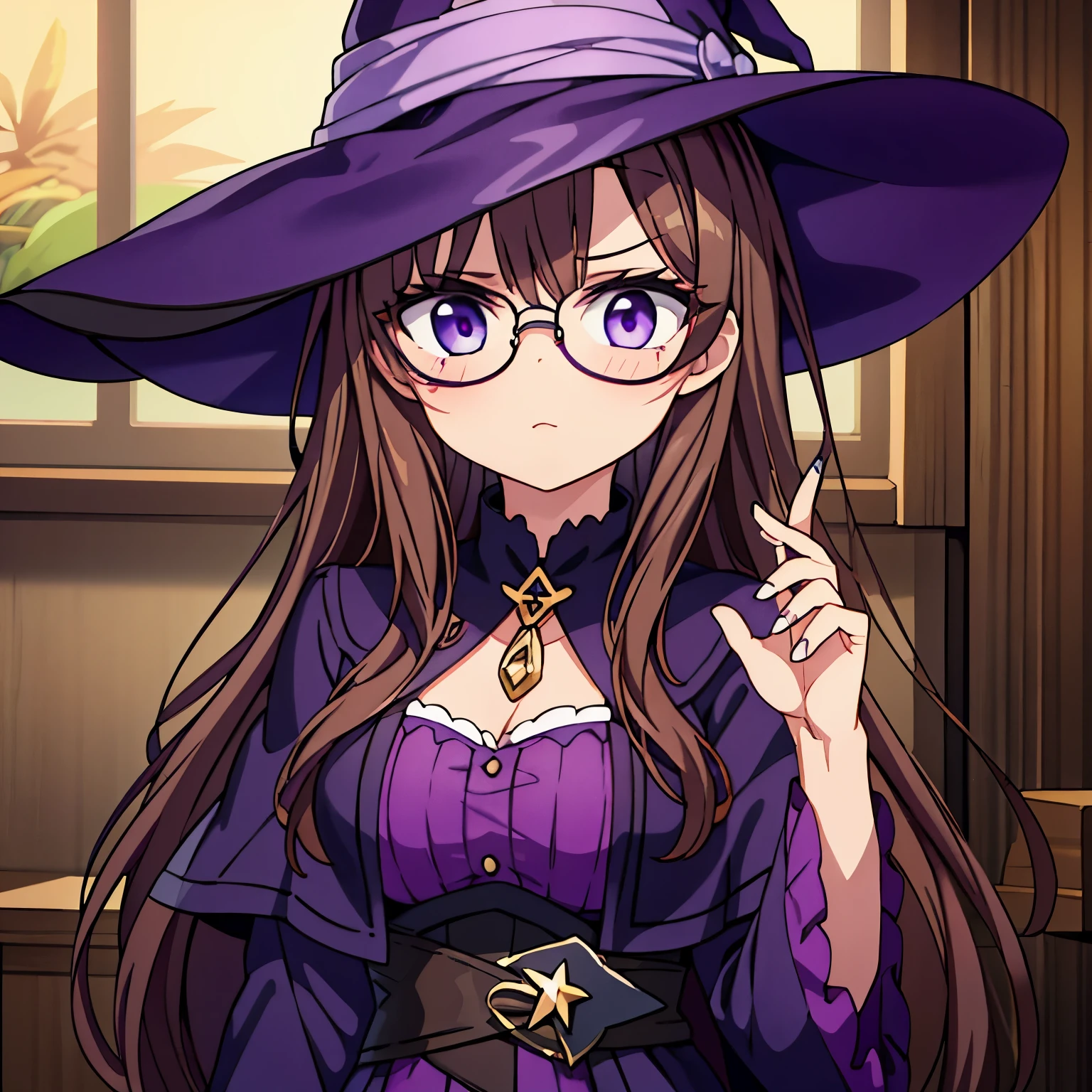 Witch with brown hair and purple glasses