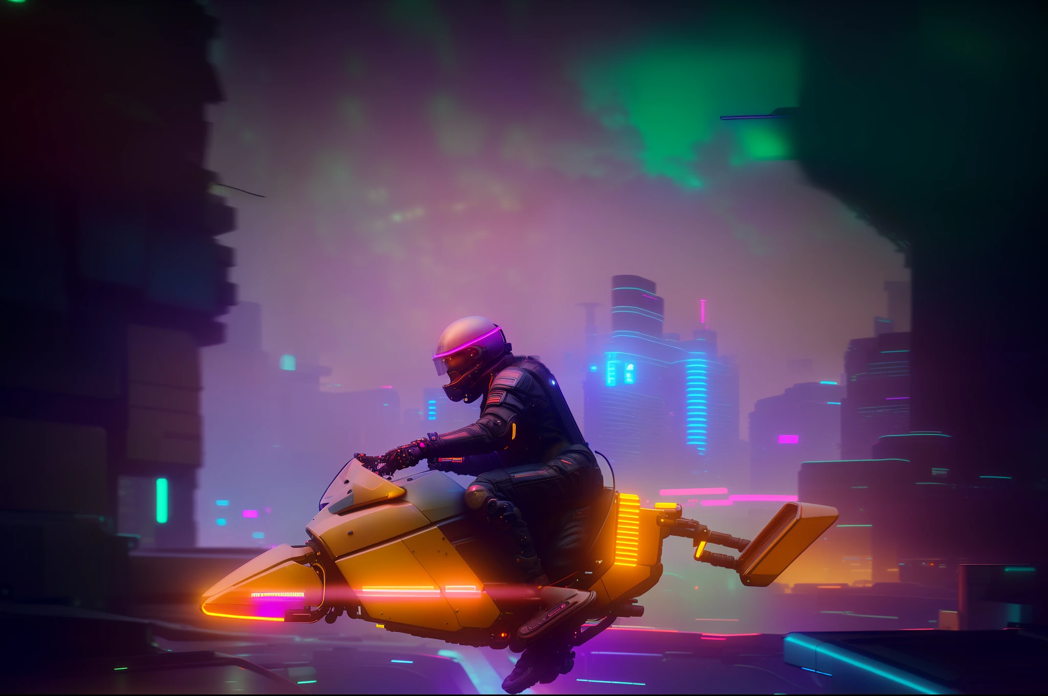 there is a man riding a motorcycle with a neon helmet on, sitting on cyberpunk motorbike, riding a futuristic motorcycle, cyberpunk digital painting, digital painting. octane render, in cyberpunk style, futuristic digital painting, hq 4k phone wallpaper, cyberpunk art style, retrofuturistic digital painting, concept art octane render, cyberpunk digital art, cyberpunk artstyle, advanced digital cyberpunk art