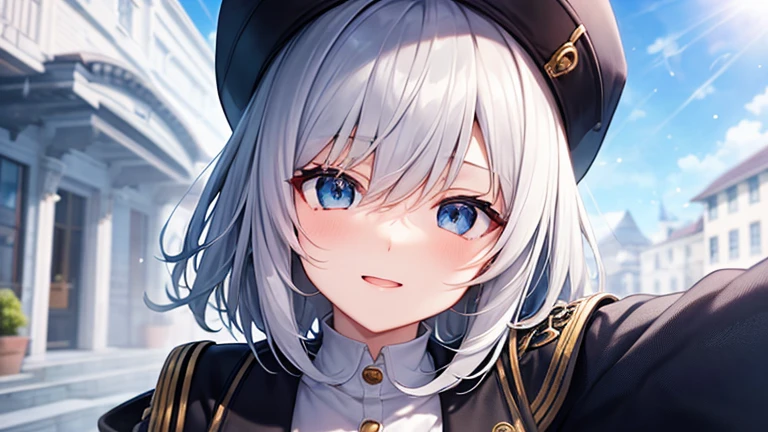 super high quality, with a girl, 20-year-old, very short hair, long bangs between the eyes, pale blue eyes , blue sky, sunlight, very detailed,(masterpiece、highest quality)、alone、gray hair、laughter、White skin as clear as snow、fantasy, silver hair, black eye, beautiful eyes,, ecstasy, charm, be smitten with audience, fantasyな風景、uniform