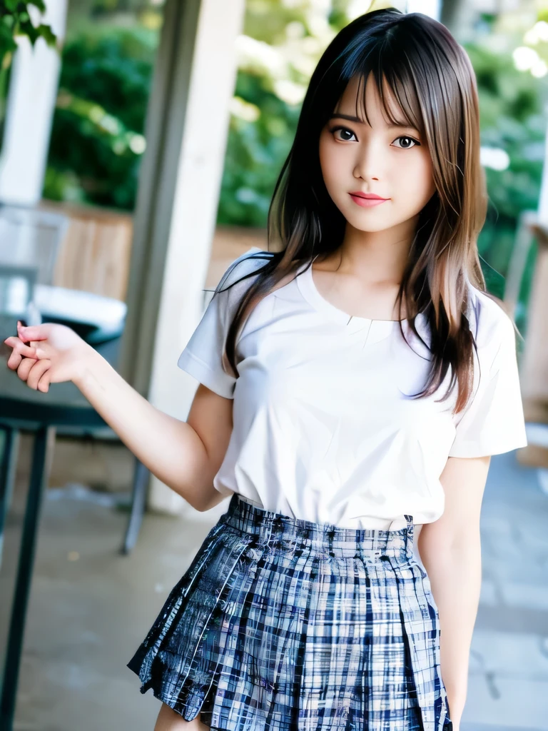 1 nogizaka girl, utterly cute, bishojo, 17yo, (white school uniform short sleeves), blue plaid pleated skirt, an exquisitely detailed and beautiful face and eyes and skin, detailed black shine hair, small-medium breasts, smile at the camera, the way from school to home, professional lighting, BREAK, (realistic, photo-realistic:1.37), 8k, (masterpiece), (best quality:1.4), (ultra high res:1.2), (RAW photo:1.2), (ultra detailed beautiful cloth), perfect anatomy, 4fingers and 1thumbs, ultra detailed background, (unity 8k wallpaper), smile,