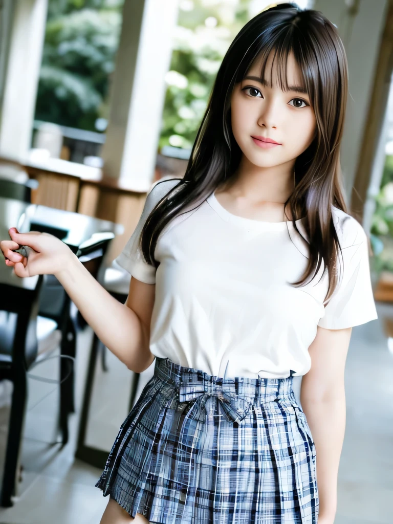 1 nogizaka girl, utterly cute, bishojo, yo, (white school uniform short sleeves), blue plaid pleated skirt, an exquisitely detailed and beautiful face and eyes and skin, detailed black shine hair, small-medium breasts, smile at the camera, (upper body), the way from school to home, professional lighting, BREAK, (realistic, photo-realistic:1.37), 8k, (masterpiece), (best quality:1.4), (ultra high res:1.2), (RAW photo:1.2), (ultra detailed beautiful cloth), perfect anatomy, 4fingers and 1thumbs, ultra detailed background, (unity 8k wallpaper), smile,