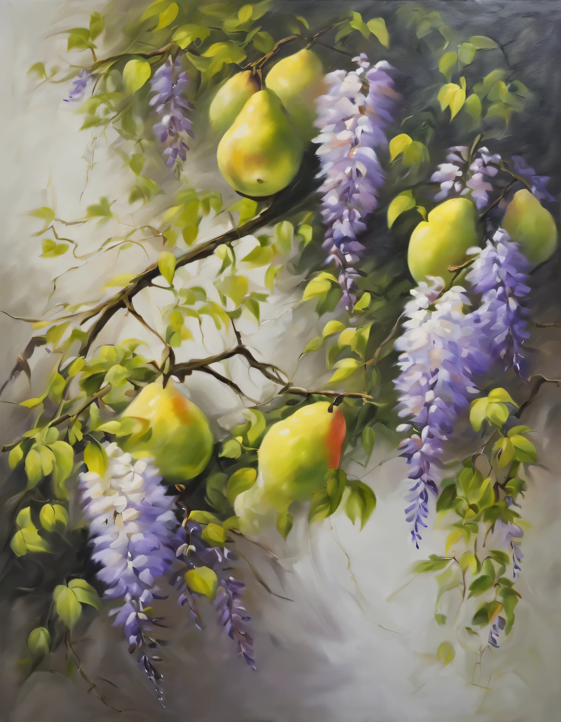 The art of oil strokes, oil painting, oil painting на холсте, flowers and fruits, blooming wisteria and green pears, high detail, The work of the wizard
