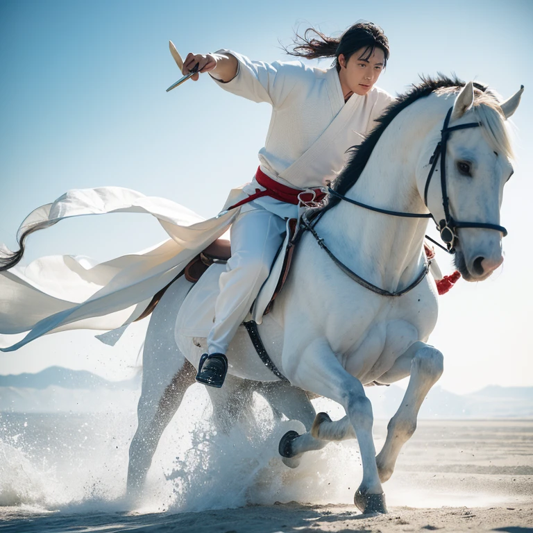 martial arts,Riding a white horse,The knight in white,Male 35 years old,Asian,Handsome,The face is like jade,Sword in hand,Flying sand and flying rocks,Ultra HD quality,Close-up of a person's face
