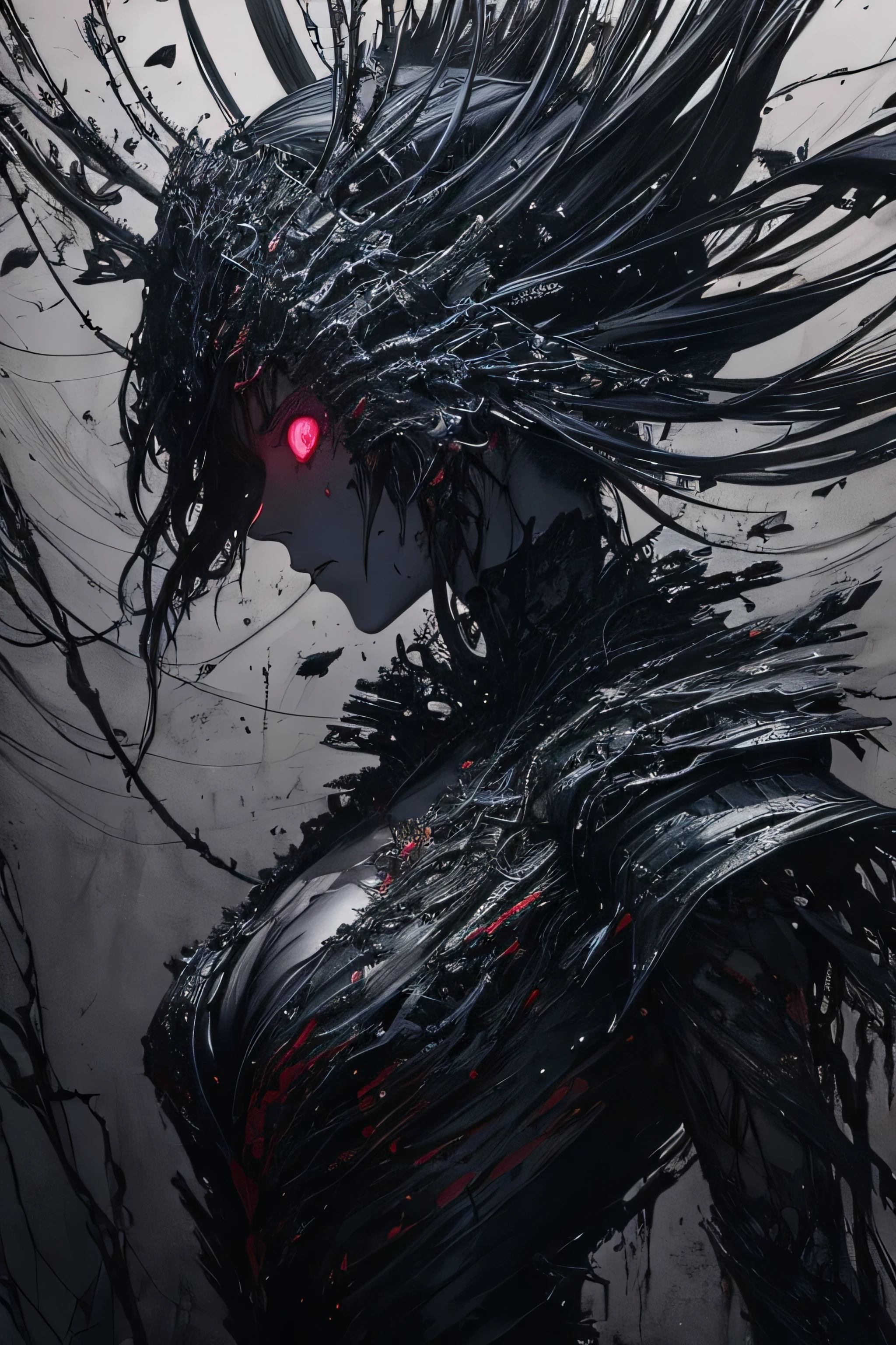 An eerie but badass entity, soaked in ink and blood, lurks in the dark corners of this goofy cartoon styled landscape. The terrain is covered in pain and suffering, with torn pages that appear glitchy and distressed. The atmosphere is a mesmerizing fusion of silver gelatin, etching techniques, manga aesthetics, and Carnegriffiths-inspired elements. Transporting us back to the 1980s anime era, retro details add to the allure of this intricate art piece.

A single entity, half-human and half-mechanical, stands amidst the chaos. Its cold metallic eyes gleam with an inner light