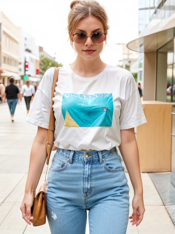 Stepping out of the corporate world, our Australian influencer embraces a casual yet chic look for a movie night. Donning stylish jeans and a statement tee, she exudes cool confidence. Posing playfully outside the movie theatre, her large sunglasses and messy bun add a touch of effortless glamour, perfectly capturing the transition from boardroom to entertainment.