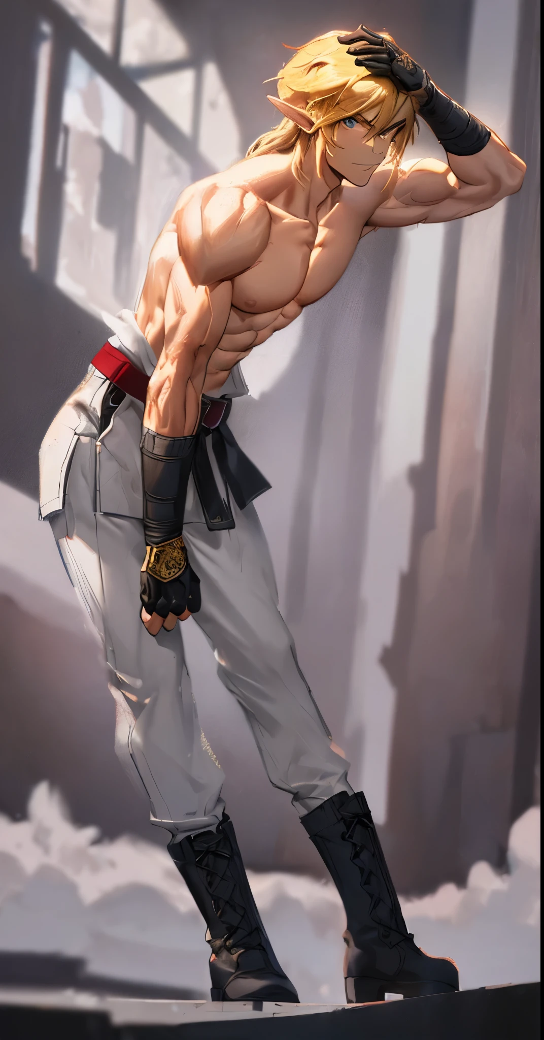 a close up of a man with blonde hair and no shirt, perfect anatomy, perfect male body,handsome guy, shirtless :: high detail, blonde, anime boy, blonde waist-long hair, handsome anime pose, smooth skin,link, masterpiece,detailed, intricate,4k,digital painting,pants,martial arts,black belt, muscular,perfect abs,warrior,sportive,seductive,horny,(smiling:0.5)(evil:0.3)(from below:1.2),(indoor)(palace)(one hand behind head),serious, confident,looking at viewer,maledom,prince,dominant, bdsm,sports,sportive, sweatpants,(shirtless),dominant,confident,strong, tall,godlike,(combat boots:1.4)