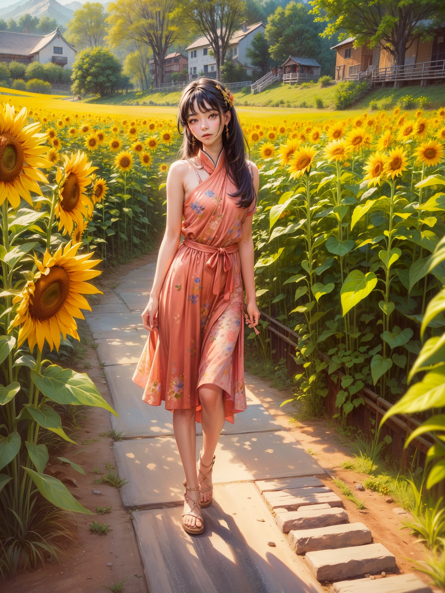 A beauty、sweet、Kind chinese village girl watercolor painting，Long black hair and warm brown skin，Wearing a simple red dress，Very nice eyes and face，big watery eyes，long eyelashes，Beautiful teeth，Long legs，Perfect slender figure，Standing in a sunflower field at sunset，golden soft light，Beautiful village in the background，A river，A small bridge，mountains in the distance，（best picture quality，8k，high resolution，masterpiece：1.2），Super detailed，ultra high definition，Studio lighting，Super fine，Extremely detailed description，major，bright colors，Dutch Golden Age，pastel colors，Sunset lights，(floral watercolor painting:1.5)，(Super high saturation, bright and vivid colors:1.5), (nsfw), (Look at the audience head-on:1.5)