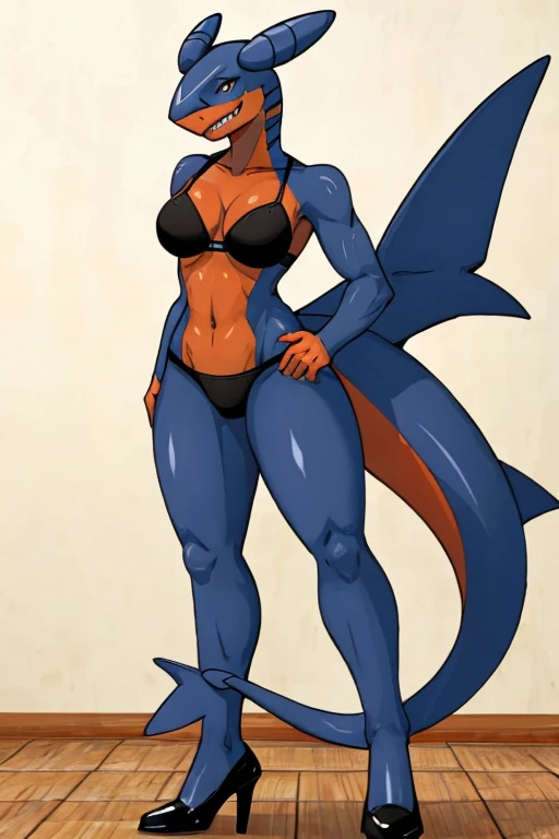 ((Garchomp)), anthropomorphic, big boobs, big ass, pokemorph, (((1girl))), (((black bra))), (black panties), (black heels), cute and sexy, slender, dark blue skin, long legs, smiling