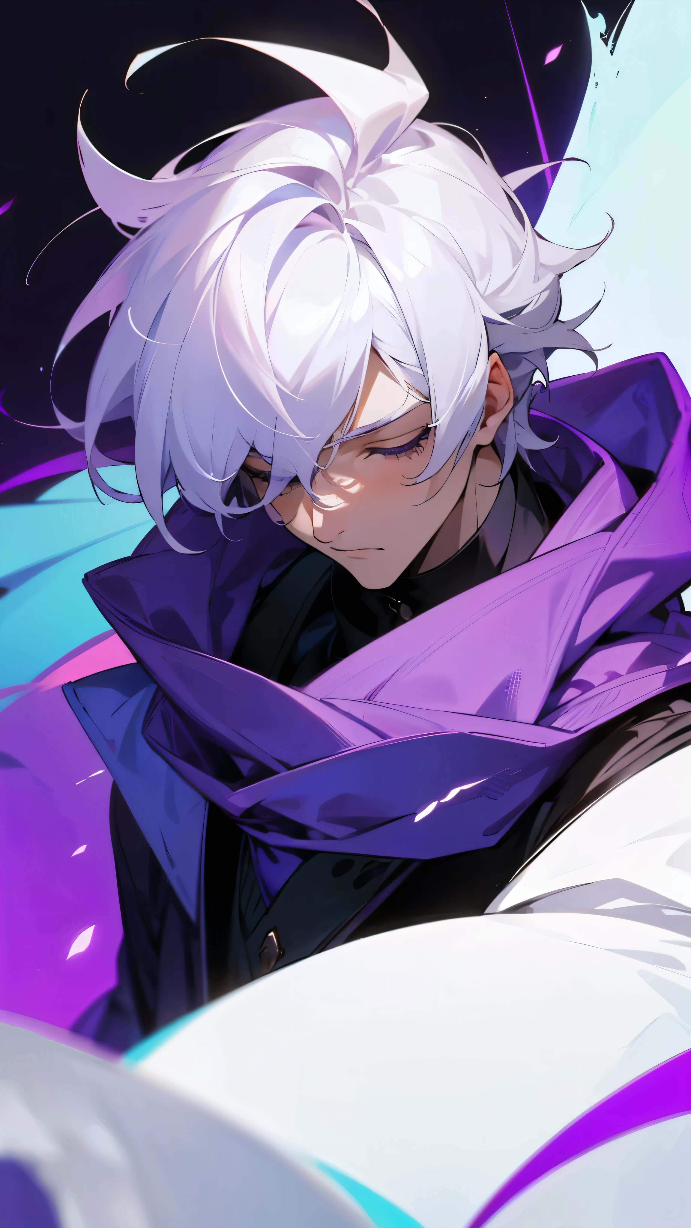 A handsome man with white hair and a cloth covering his eyes and wearing a purple cloth.