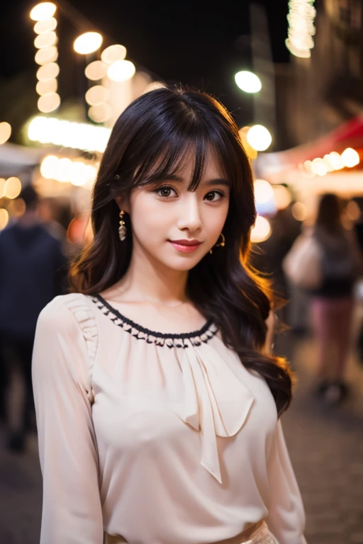 highest quality, realistic, 8K, High resolution, girl, 1 female, (professional lighting, Bokeh), (street), (people々, crowd: 0.6), market, (night: 1.2), (blouse: 1.5), (portrait: 0.6), nice, (dynamic pose: 1.2), soft lighting,