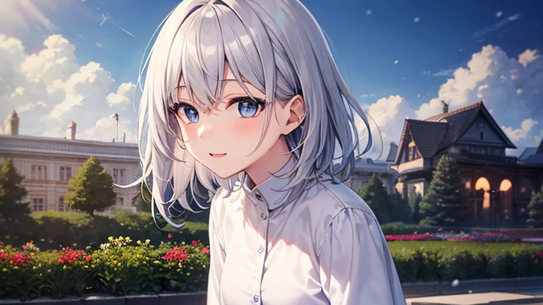 super high quality, with a girl, 20-year-old, very short hair, long bangs between the eyes, pale blue eyes , blue sky, sunlight, very detailed,(masterpiece、highest quality)、alone、gray hair、laughter、White skin as clear as snow、fantasy, silver hair, black eye, beautiful eyes,, ???????, charm, be smitten with audience, fantasyな風景、white shirt、jeans、flower garden