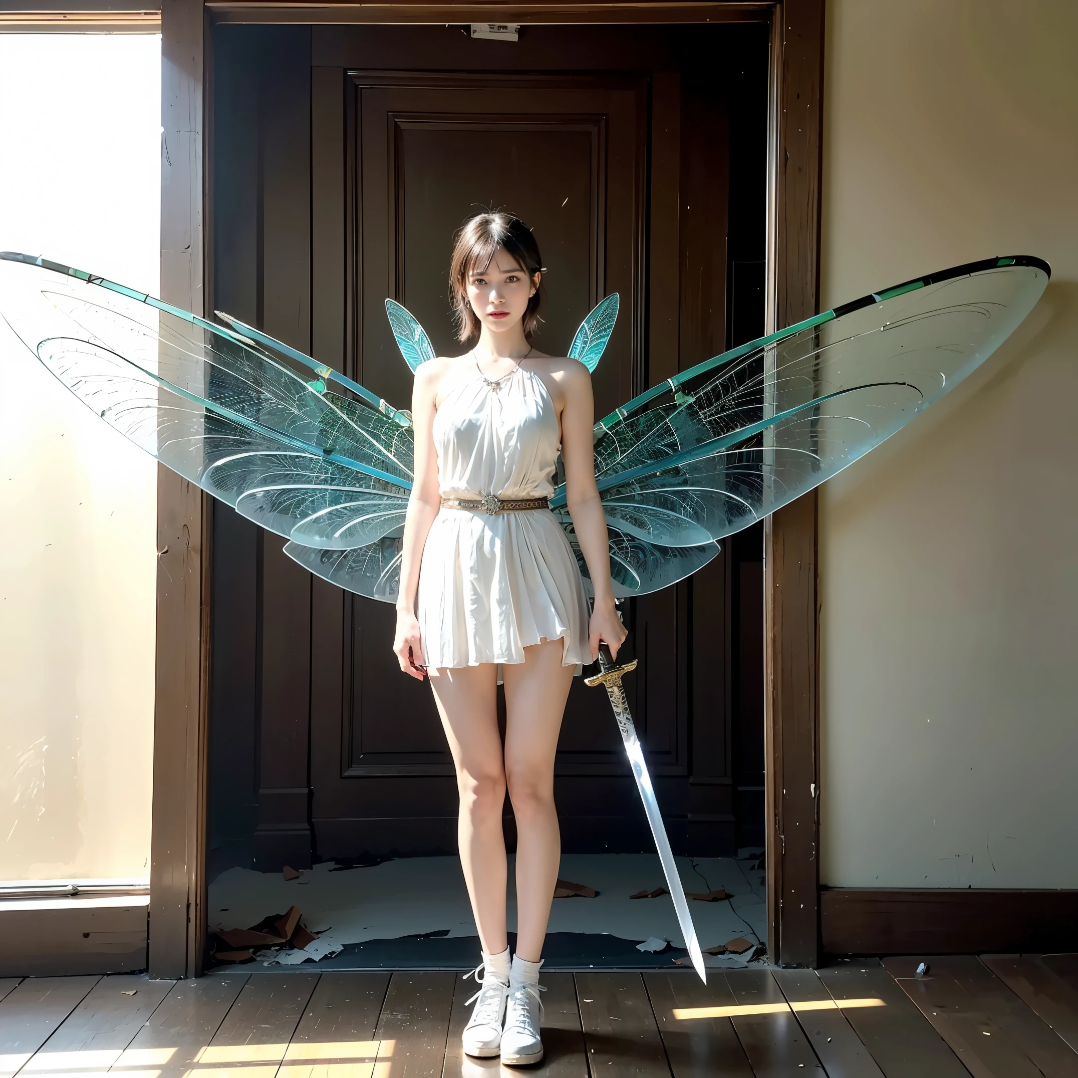 (Numerous award-winning masterpiece, with incredible detail, textures and maximum detail), (full-body standing image:1.8), (hyper realistic:1.4), best quality real texture skin, (Beautiful Fairy Veteran Warrior:1.7), (Holds a straight sword hilt with elaborate decoration that gives off a mysterious glow:1.9), (Detailed, beautifully clear, perfectly circular symmetrical eyes), (finely drawn beautiful face), ((medieval world)), (Full body armor with delicate decorations that are damaged in places:1.9), (full-body standing image:1.8), (Mysterious and clear beautiful colored eyes full of joy:1.2), (faint smile appears on the corner of the mouth:1.1), (Shining majestic cloud masses and sky:1.4), Dramatic Light, majestic sight, (insect wings and wings are translucent:1.8), (four pieces transparent wings with insect wings veins similar to dragonfly wings behind the shoulders:1.9), Ancient intricately crafted earrings on the ears, (full-body standing image:1.8), (dramatic photo), (golden hair, silver hair, chestnut hair, white hair), Short cut hair, ((looks up)), ((looking down)), (Around her neck is a simple Ancient necklace of exquisite workmanship), Old ruins infested with plants, great temple, great cathedral, temple ruins, detached temple, (Luminous magic circle), Ruins of an ancient castle, Deserted ruins, crumbling ruins, Ancient ruins with clear water, highly detailed, ultra-realistic, intricate details, painting (artwork), (masterpiece, best quality), (cinematic light), hyper realistic, dark fantasy, Sacred Light, epic realistic, faded, ((neutral colors)), art, (hdr:1.5), (muted colors:1.2), hyper detailed, (art station:1.5), cinematic, warm lights, light effect, dramatic light, (intricate details:1.1), complex background, (Greg Rutkowski:0.8), (teal and orange:0.4),