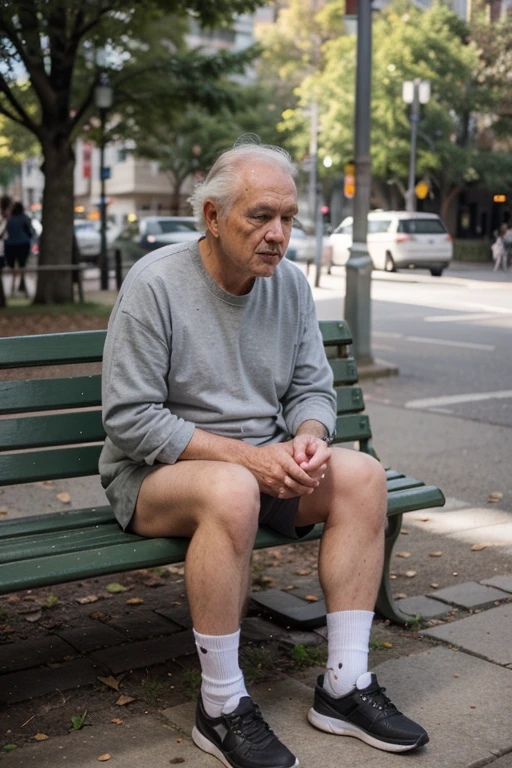Create an animated illustration of an old man sitting on a park bench contemplating a better life