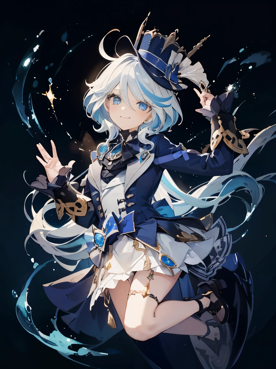 one girl, very cute girl light smile, game illustration,furina, white hair,streaked hair,blue hair, blue eyes, top hat, jump, Hand-drawn illustrations, hands out, jewelry up, one hand on the waist