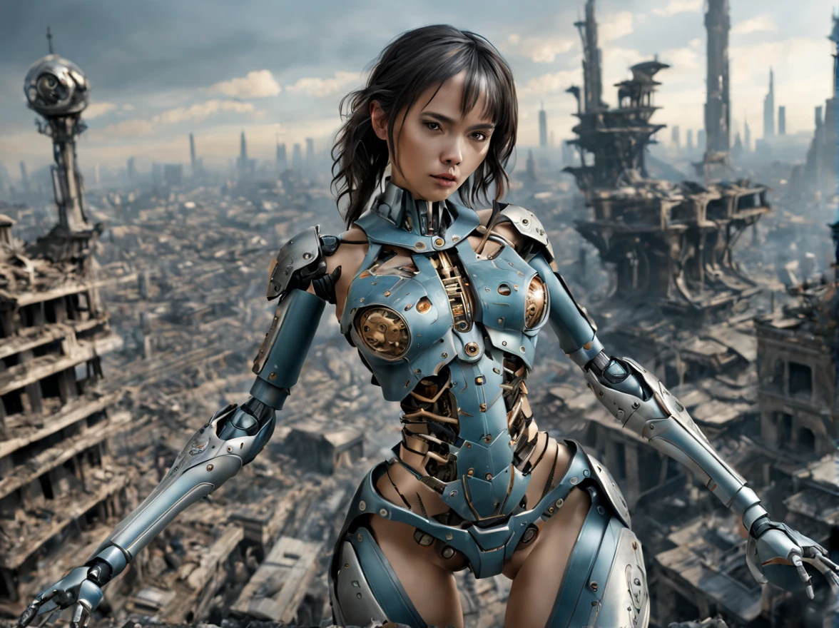 Female robot，The whole body is a weapon，Complex mechanical structure，battle scars，future world，Destroyed cities，There are fighters in the background（（best quality））， （（intricate details））， （（Surrealism））（8k）