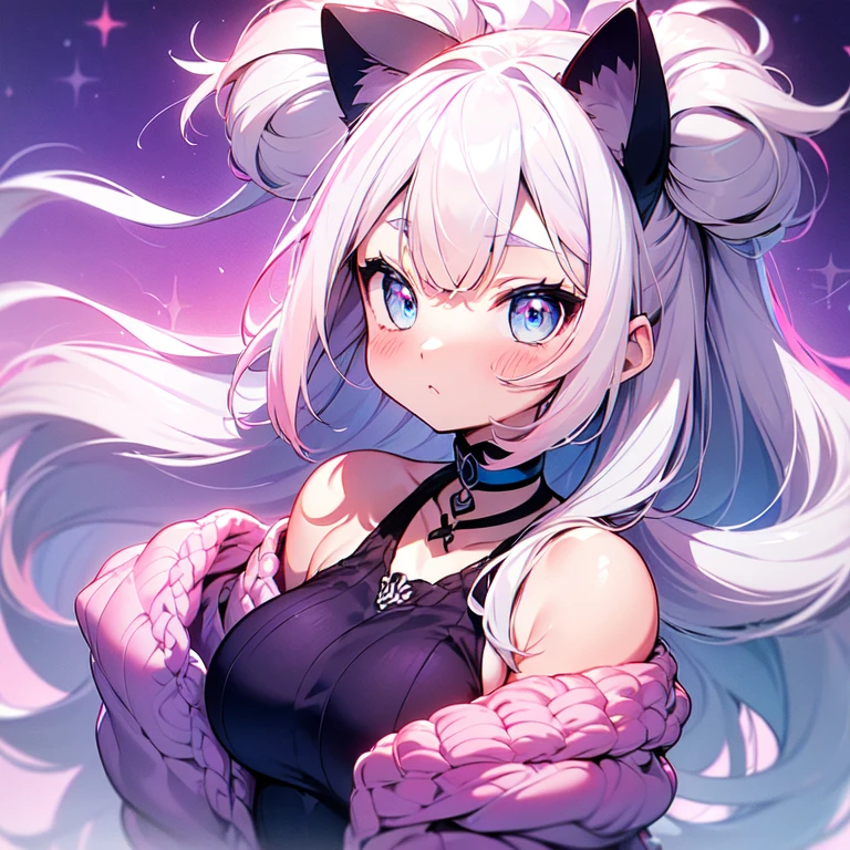Silver hair, pink eyes, body, cat ears, woman,cats background,, happy face, cat, animal