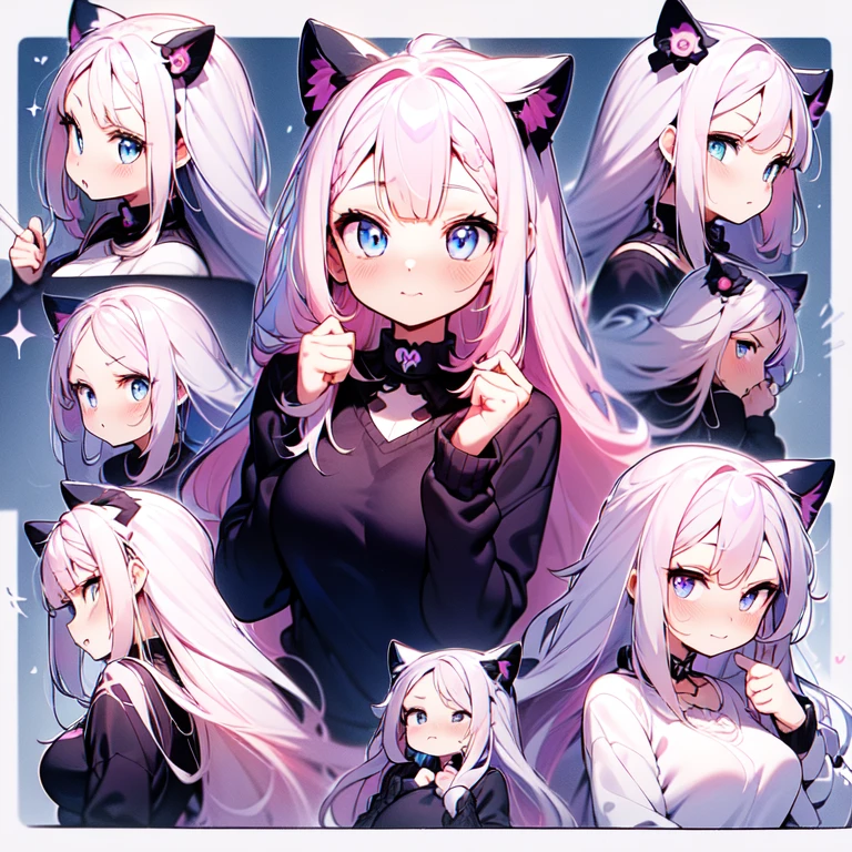 Masterpiece, best quality, emoji pack,emoji sheet, goth bangs, ((blue eyes)), blush,breasts, large breasts, looking at viewer, long hair, (pink,blue,purple,white hair:1.4), black choker, galaxy, goth, cat ears, upper body, virtual youtuber, bangs swoop to the side, artist, perfect