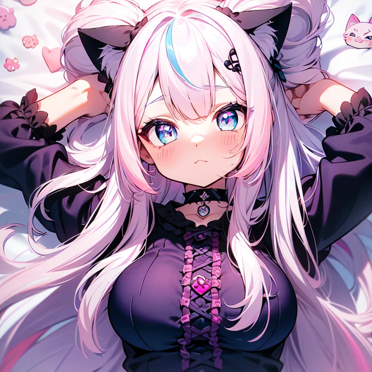 Masterpiece, best quality, emoji pack，emoji sheet,  goth bangs, ((blue eyes)), blush,breasts, large breasts, looking at viewer, long hair, (pink,blue,purple,white hair:1.4), black choker, galaxy, goth, cat ears,  upper body, virtual youtuber, bangs swoop to the side, artist, perfect