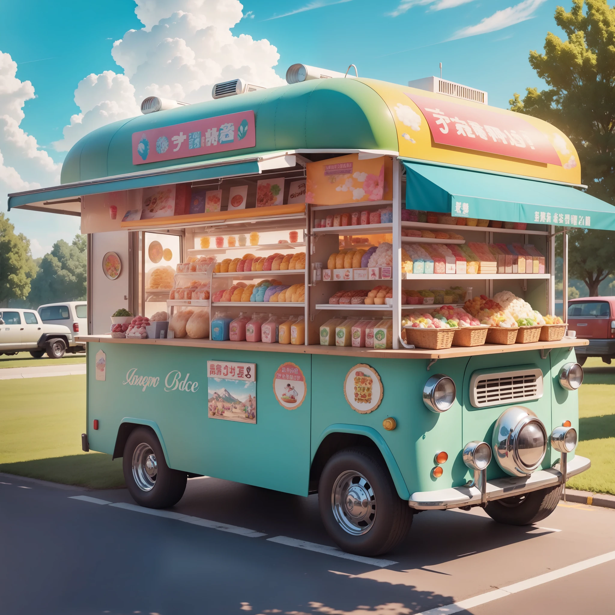 Anime scene of Xiaoice ice cream mobile car on the meadows of the green grassland blue sky and white clouds Ice cream truck in the middle of the picture Don't account for too much, official artwork, propaganda art, colorful anime movie background, official art, anime background art, only one ice cream food stall, official illustration, making art, official fan art, mobile game art, background art, ice cream truck, summer, fresh, sunshine halo, natural scenery background, movie lighting, super high resolution, background is natural scenery, natural green, Do not appear characters, summer heat, slightly look up